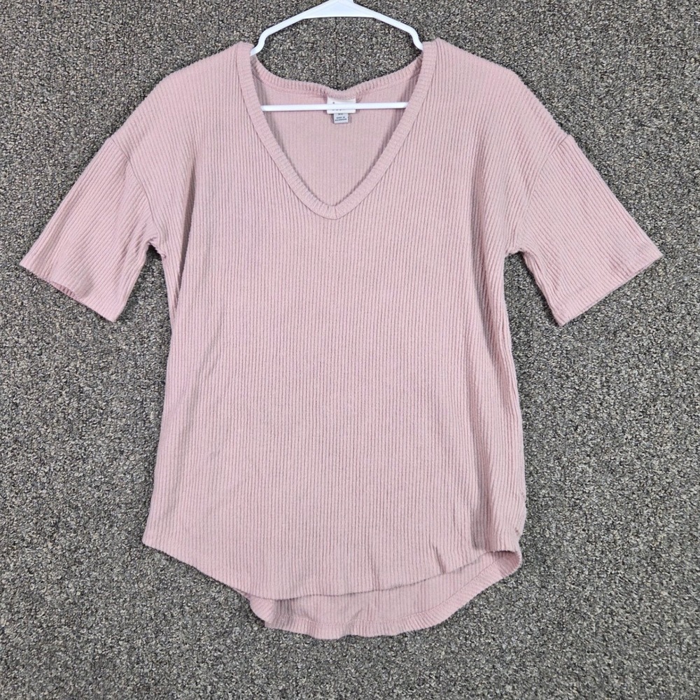 A New Day Ribbed V-Neck Top Women XS Pink Short Sleeve Drop Shoulder Tee